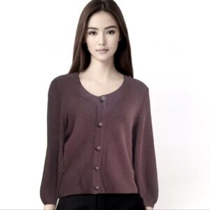 Talbots Y2k brown viscose angora scoop neck tight knit cardigan sweater SP